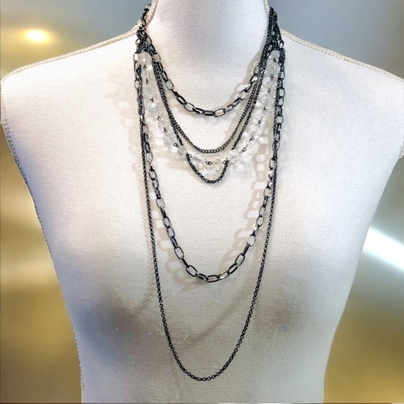 Fancy Silver Tone Multi Layered Necklace Women’s Beads Necklace Costume Jewelry - Picture 1 of 2